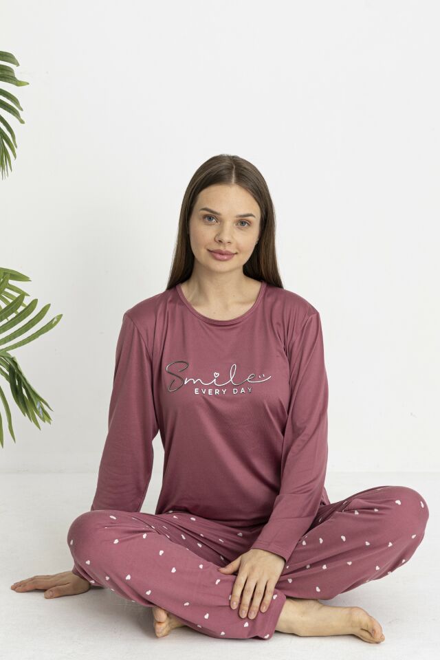 Estiva Kadın Kalp Alt Desenli Soft Uzun Kollu Pijama Takımı