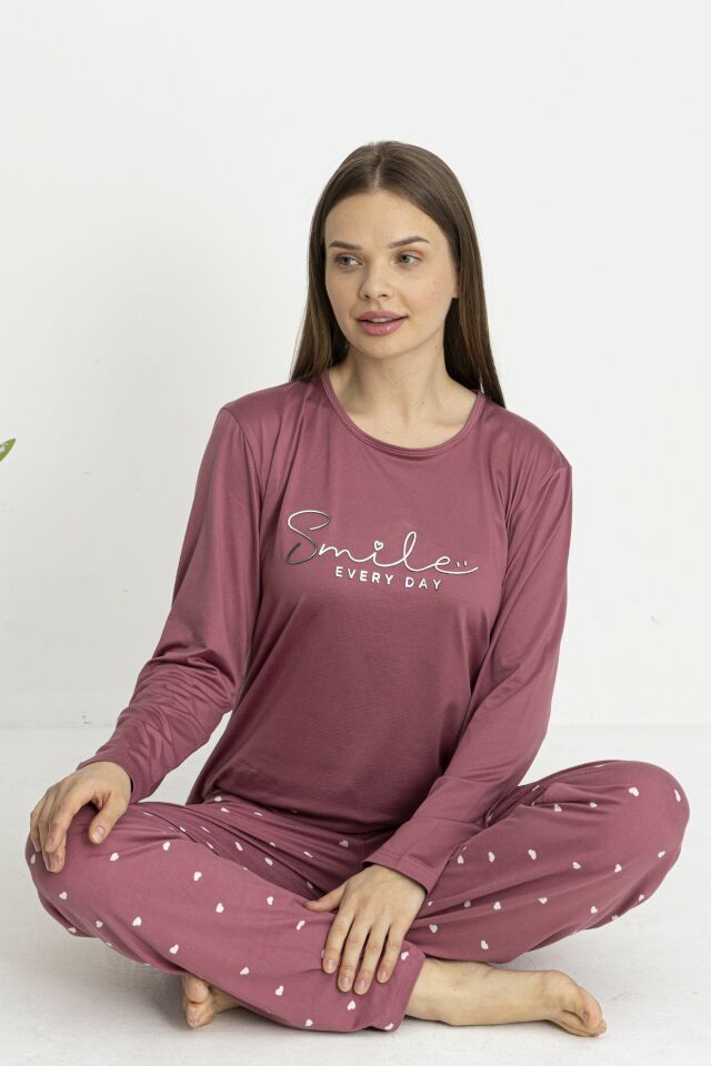 Estiva Kadın Kalp Alt Desenli Soft Uzun Kollu Pijama Takımı