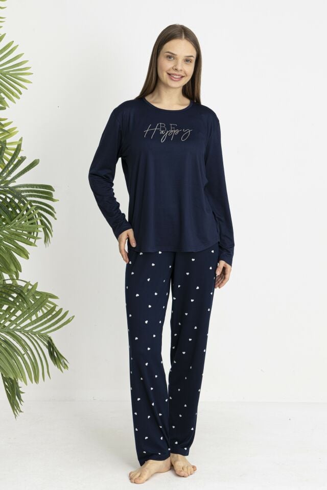 Estiva Kadın Kalp Alt Desenli Soft Uzun Kollu Pijama Takımı