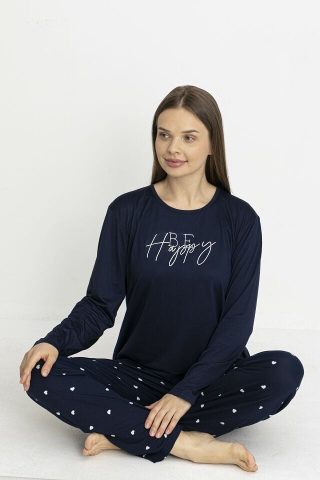 Estiva Kadın Kalp Alt Desenli Soft Uzun Kollu Pijama Takımı