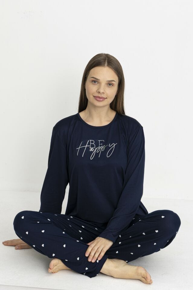 Estiva Kadın Kalp Alt Desenli Soft Uzun Kollu Pijama Takımı