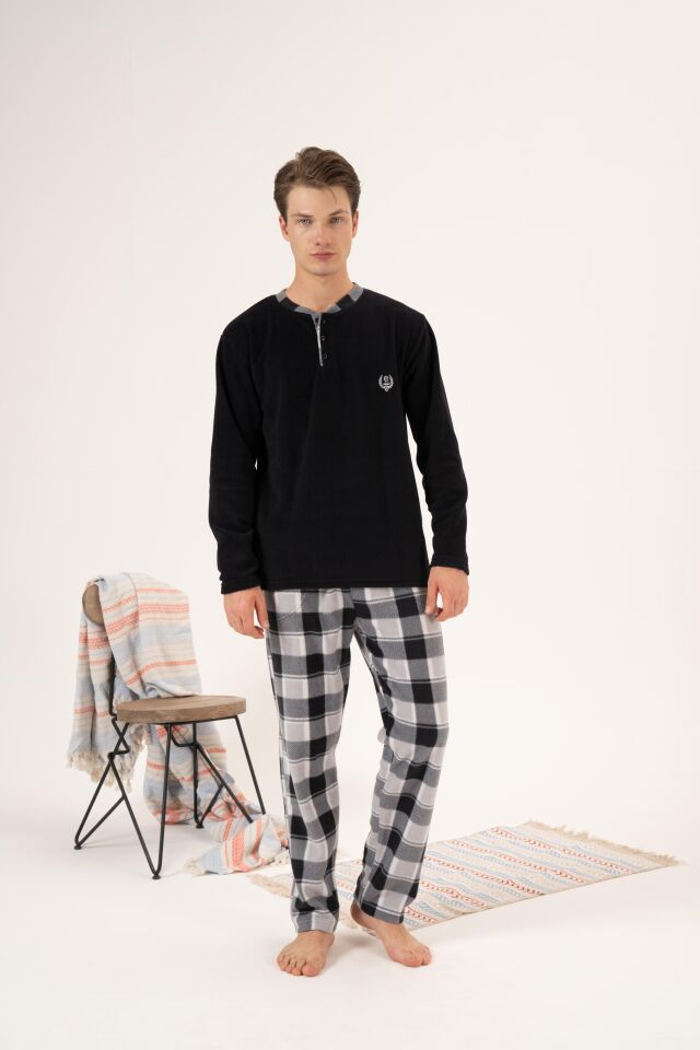 Erkek Kışlık Düğmeli Yaka Kareli Alt Polar Pijama Takımı M - Siyah