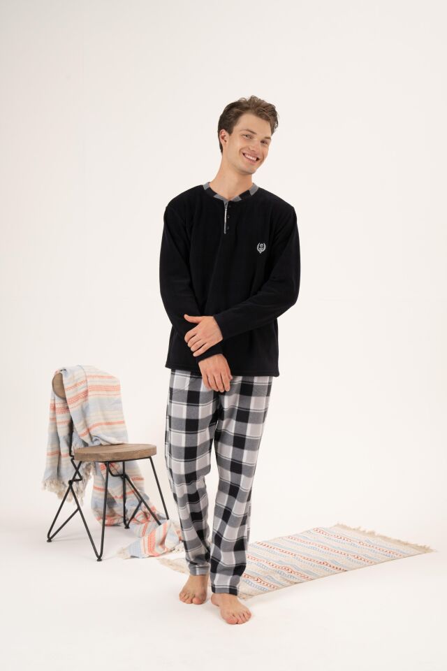 Erkek Kışlık Düğmeli Yaka Kareli Alt Polar Pijama Takımı M - Siyah