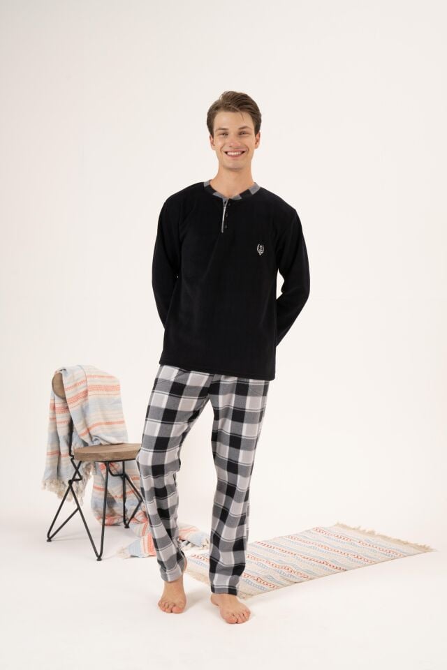 Erkek Kışlık Düğmeli Yaka Kareli Alt Polar Pijama Takımı L - Siyah