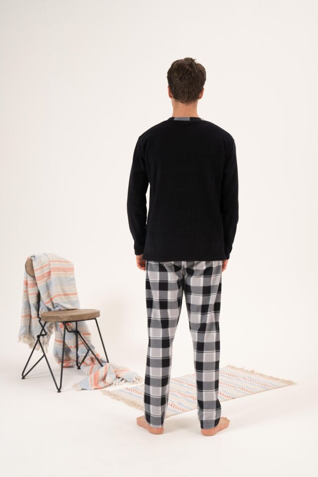 Erkek Kışlık Düğmeli Yaka Kareli Alt Polar Pijama Takımı L - Siyah