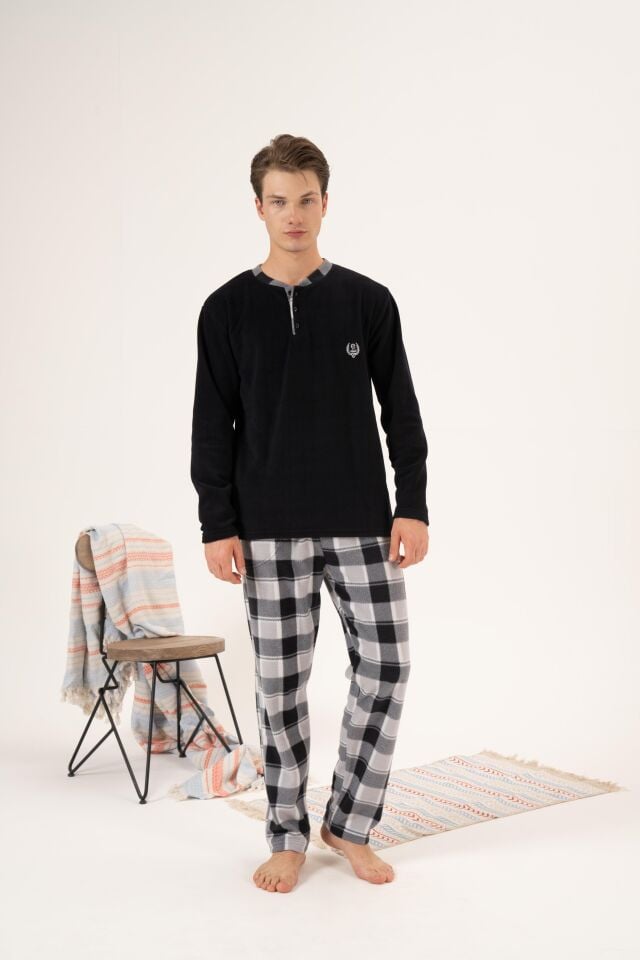 Erkek Kışlık Düğmeli Yaka Kareli Alt Polar Pijama Takımı L - Siyah