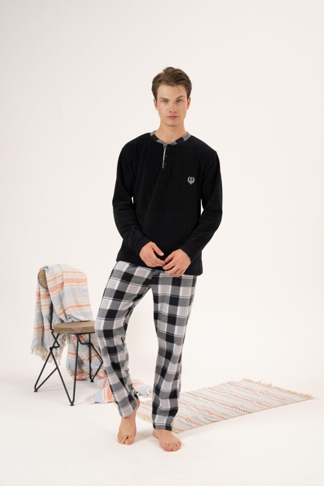 Erkek Kışlık Düğmeli Yaka Kareli Alt Polar Pijama Takımı L - Siyah