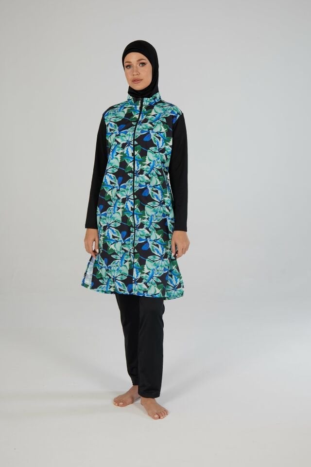Estiva Kadın Tam Kapalı Fermuarlı Yaprak Desenli Tesettür Mayo Siyah
