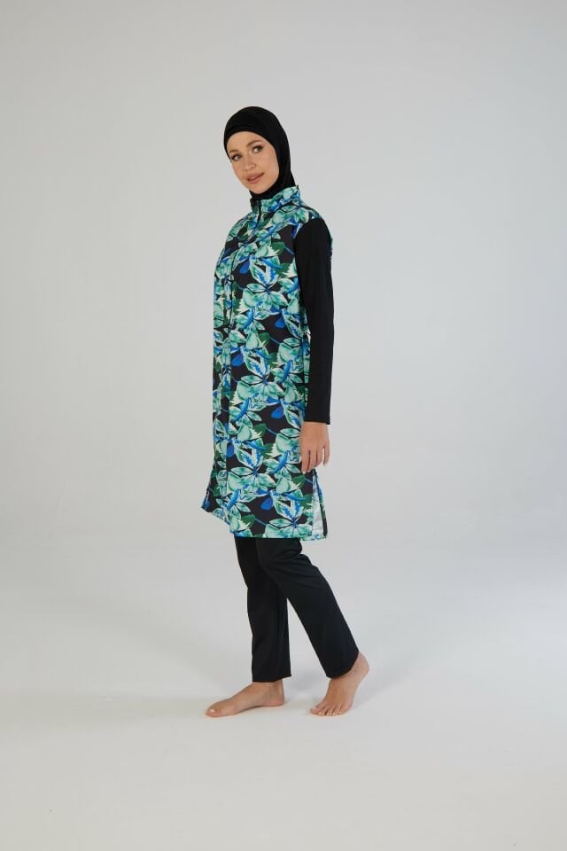 Estiva Kadın Tam Kapalı Fermuarlı Yaprak Desenli Tesettür Mayo Siyah