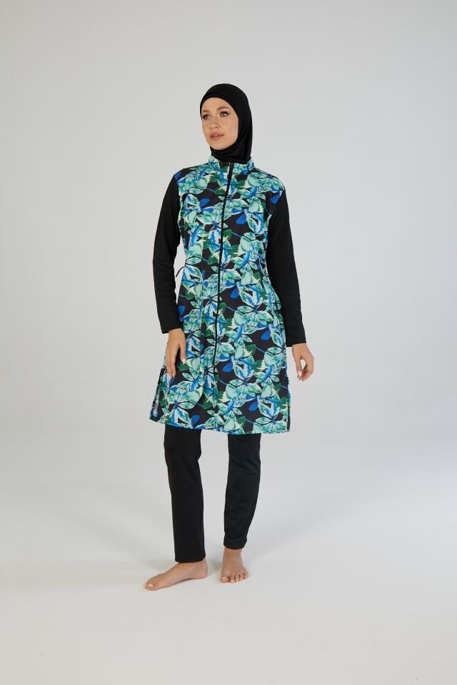 Estiva Kadın Tam Kapalı Fermuarlı Yaprak Desenli Tesettür Mayo Siyah