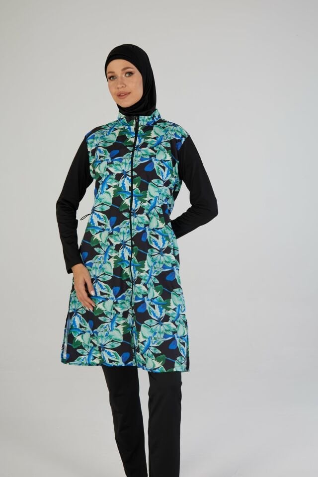Estiva Kadın Tam Kapalı Fermuarlı Yaprak Desenli Tesettür Mayo Siyah