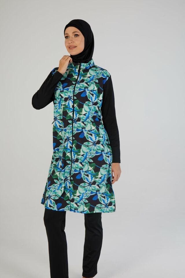 Estiva Kadın Tam Kapalı Fermuarlı Yaprak Desenli Tesettür Mayo Siyah