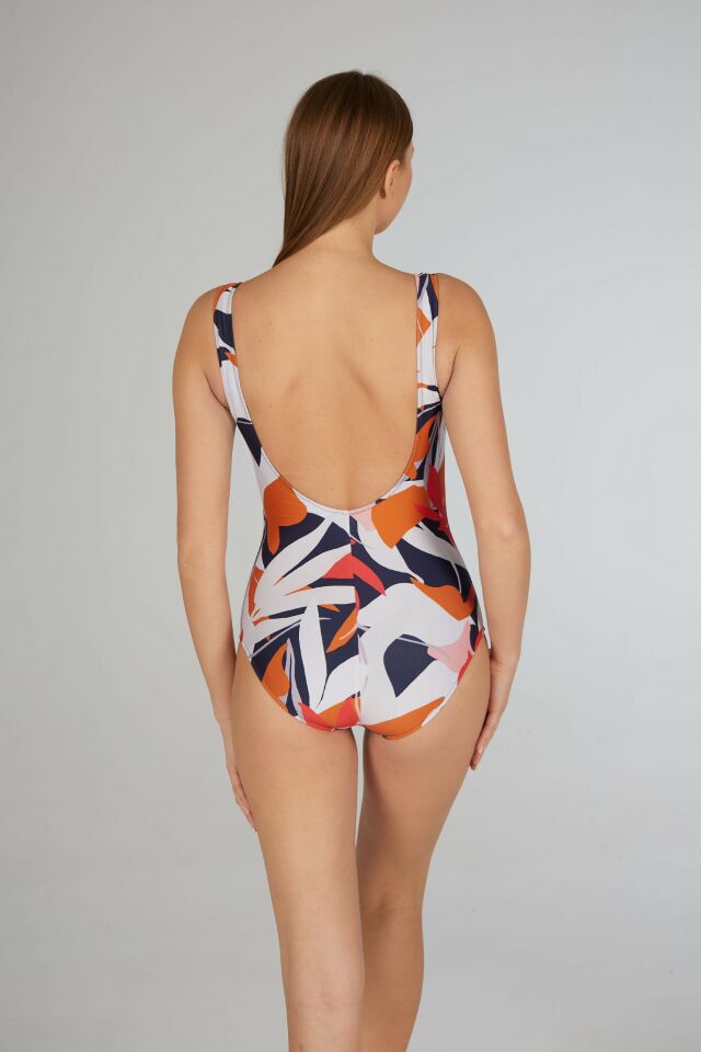 Estiva Yaprak Desenli U Yaka Battal Beden Mayo - Turuncu