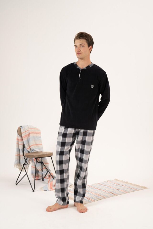 Erkek Kışlık Düğmeli Yaka Kareli Alt Polar Pijama Takımı XL - Siyah