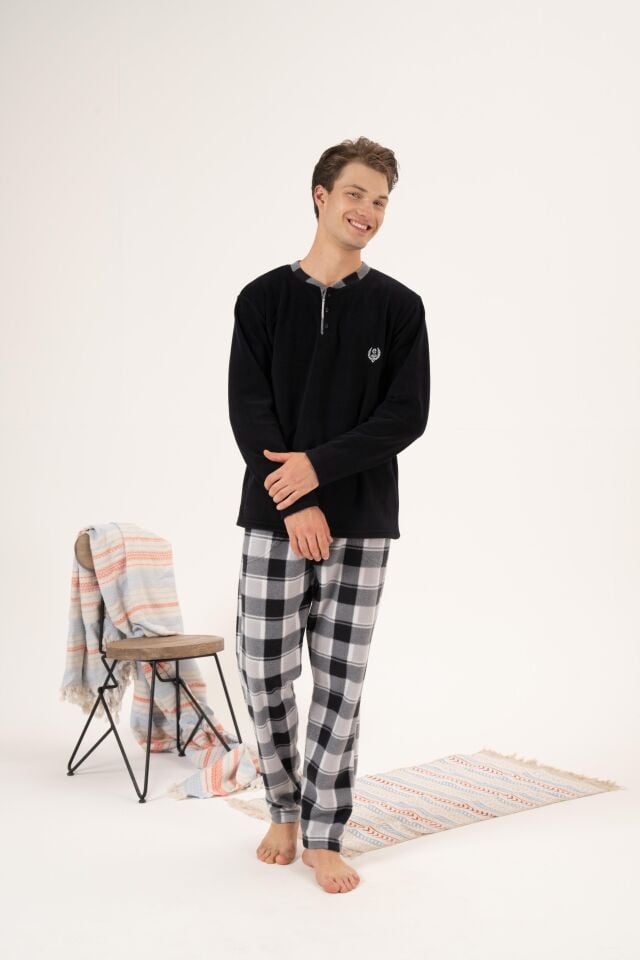 Erkek Kışlık Düğmeli Yaka Kareli Alt Polar Pijama Takımı XL - Siyah