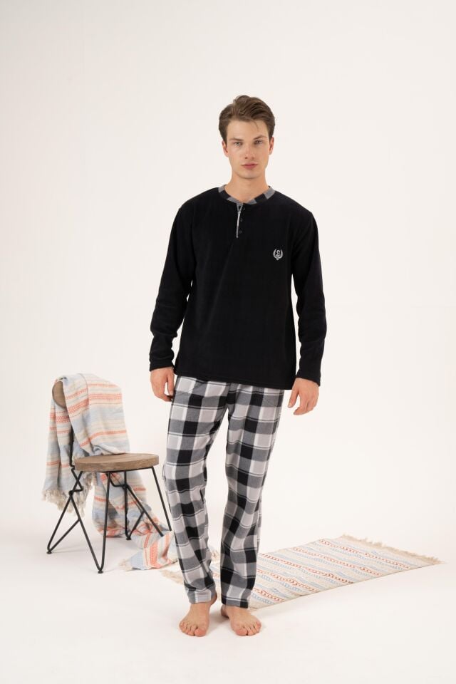 Erkek Kışlık Düğmeli Yaka Kareli Alt Polar Pijama Takımı 2XL - Siyah