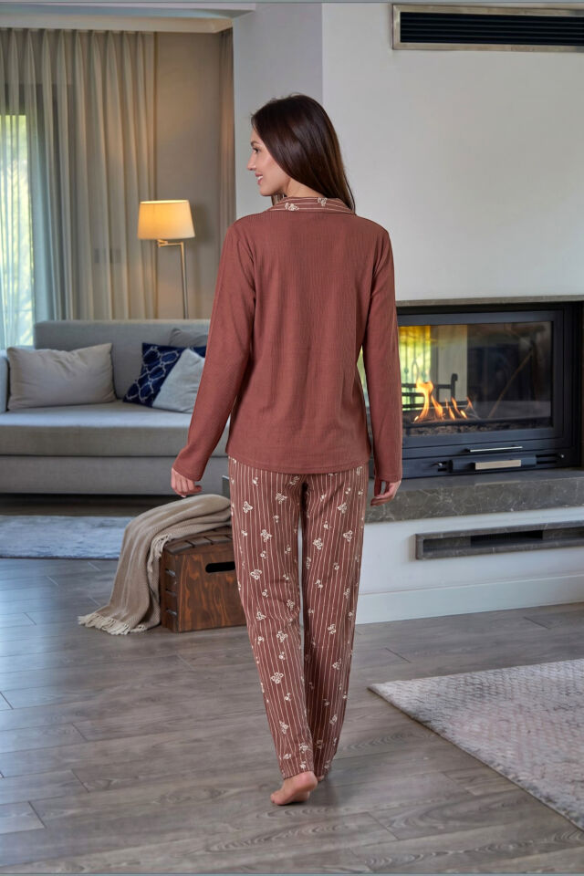 Estiva Kadın Ayıcık Desenli Önden Düğmeli Waffle Kumaş Pijama Takımı 2XL - Kahverengi