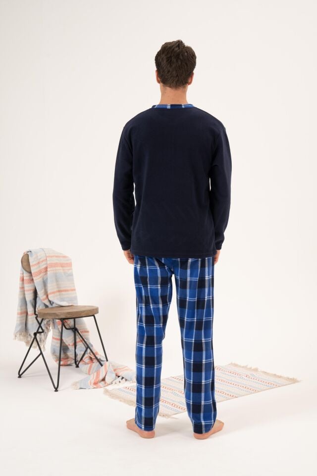 Erkek Kışlık Düğmeli Yaka Kareli Alt Polar Pijama Takımı M - Lacivert