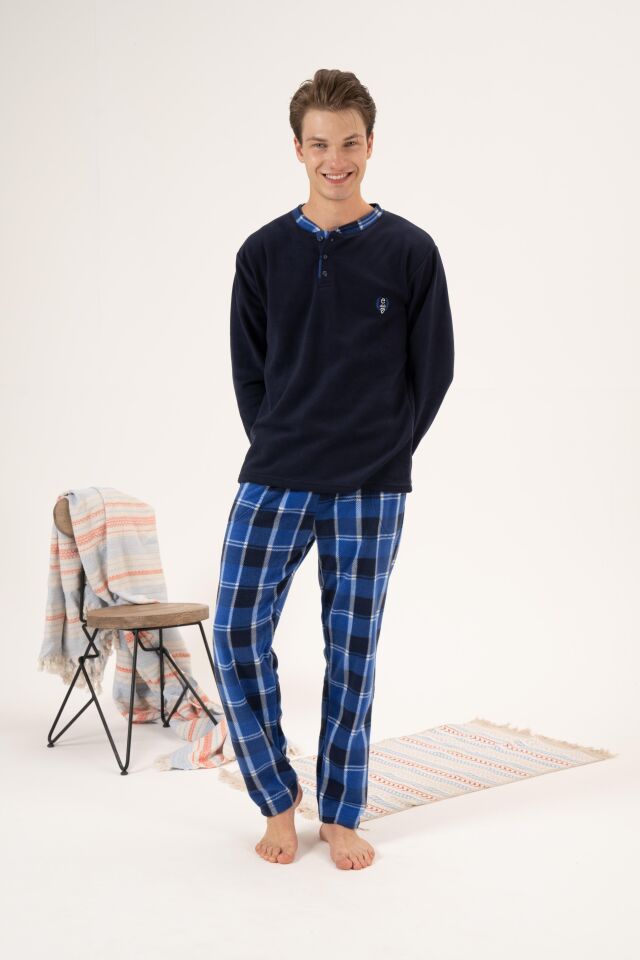 Erkek Kışlık Düğmeli Yaka Kareli Alt Polar Pijama Takımı M - Lacivert