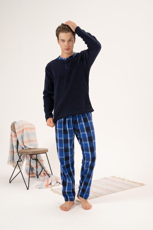 Erkek Kışlık Düğmeli Yaka Kareli Alt Polar Pijama Takımı M - Lacivert