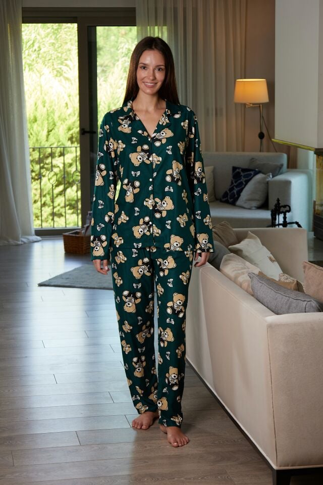 Estiva Kadın Ayıcık Desenli Önden Düğmeli Süet Pijama Takımı