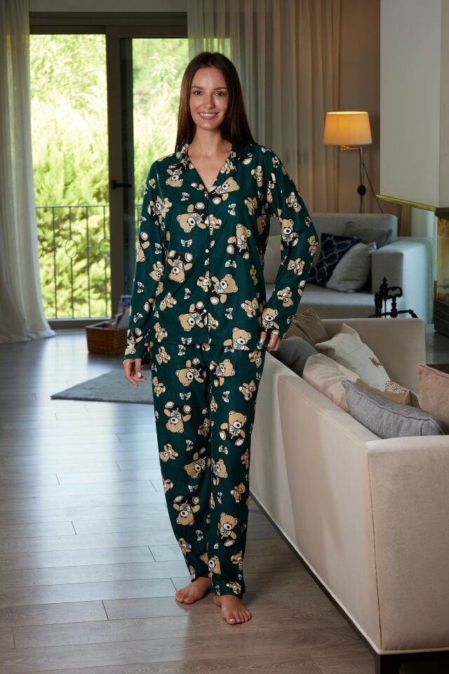 Estiva Kadın Ayıcık Desenli Önden Düğmeli Süet Pijama Takımı