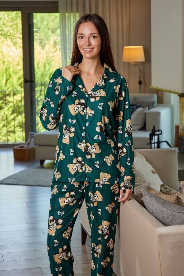 Estiva Kadın Ayıcık Desenli Önden Düğmeli Süet Pijama Takımı