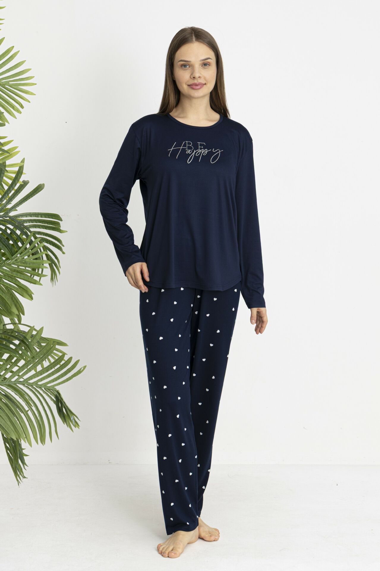 Estiva Kadın Kalp Alt Desenli Soft Uzun Kollu Pijama Takımı Lacivert - M