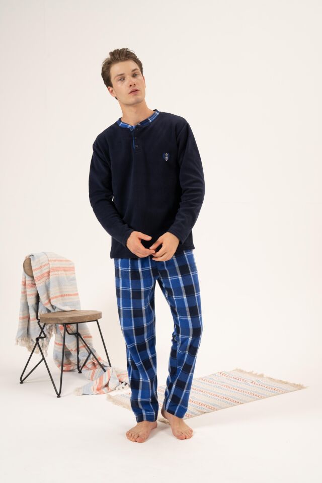 Erkek Kışlık Düğmeli Yaka Kareli Alt Polar Pijama Takımı L - Lacivert
