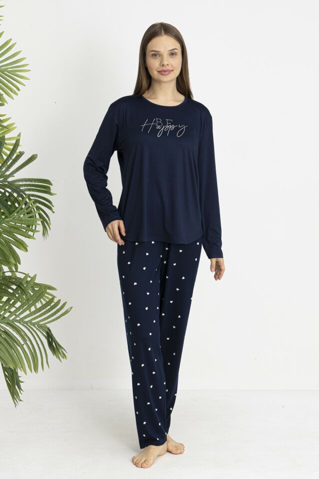 Estiva Kadın Kalp Alt Desenli Soft Uzun Kollu Pijama Takımı Lacivert - L