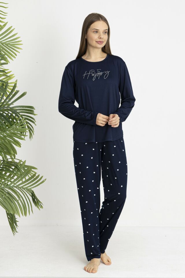 Estiva Kadın Kalp Alt Desenli Soft Uzun Kollu Pijama Takımı Lacivert - L
