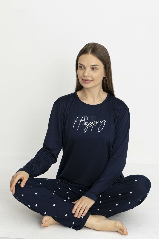 Estiva Kadın Kalp Alt Desenli Soft Uzun Kollu Pijama Takımı Lacivert - L