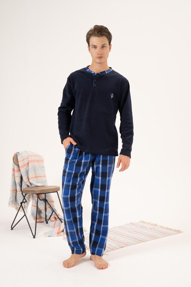 Erkek Kışlık Düğmeli Yaka Kareli Alt Polar Pijama Takımı XL - Lacivert