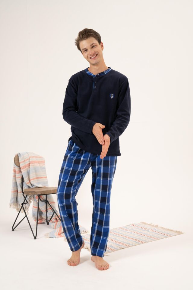 Erkek Kışlık Düğmeli Yaka Kareli Alt Polar Pijama Takımı XL - Lacivert