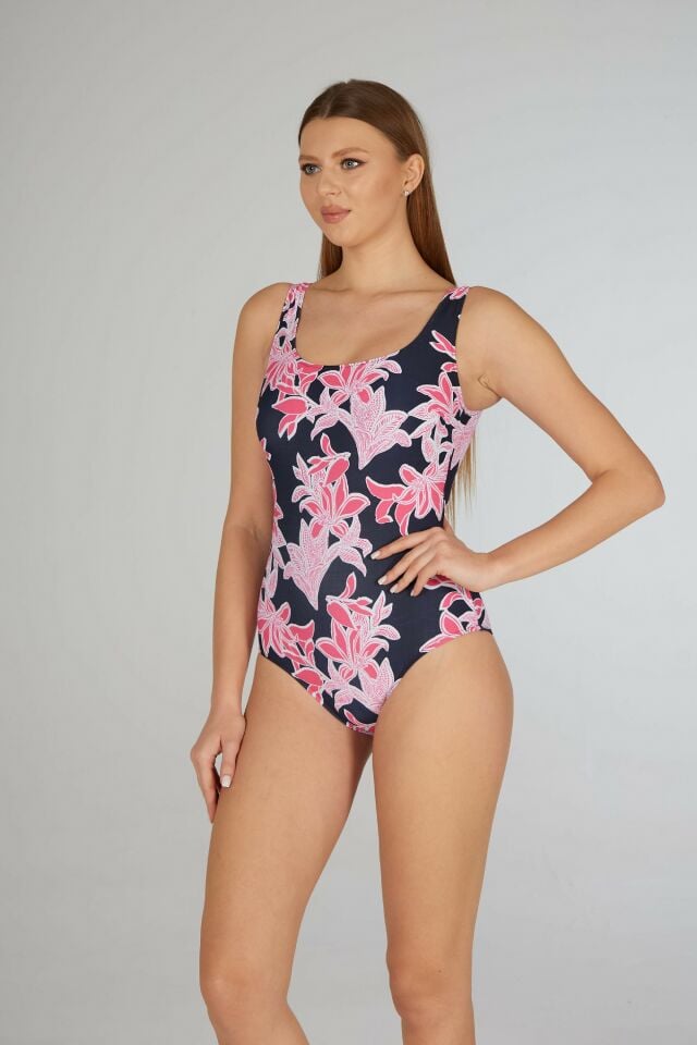 Estiva Çiçek Desenli U Yaka Battal Beden Mayo - Pembe