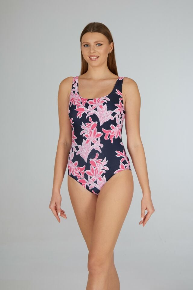 Estiva Çiçek Desenli U Yaka Battal Beden Mayo - Pembe