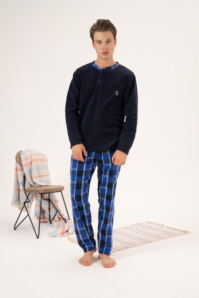 Erkek Kışlık Düğmeli Yaka Kareli Alt Polar Pijama Takımı 2XL - Lacivert