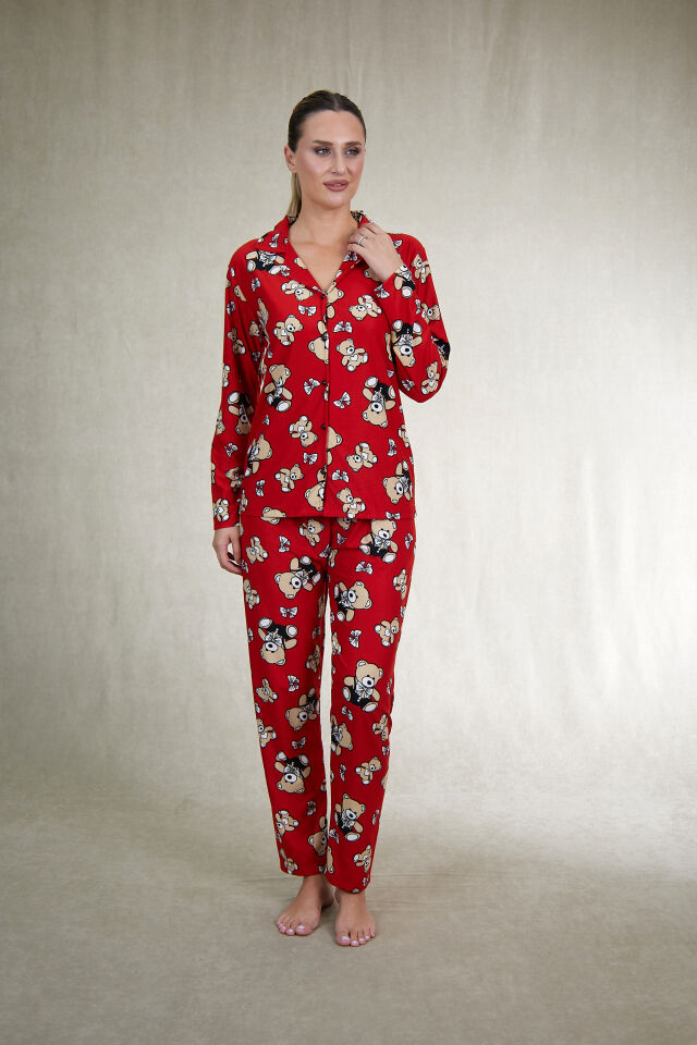 Estiva Kadın Ayıcık Desenli Önden Düğmeli Süet Pijama Takımı XL - Kırmızı