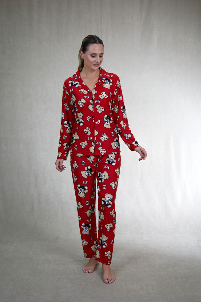 Estiva Kadın Ayıcık Desenli Önden Düğmeli Süet Pijama Takımı XL - Kırmızı