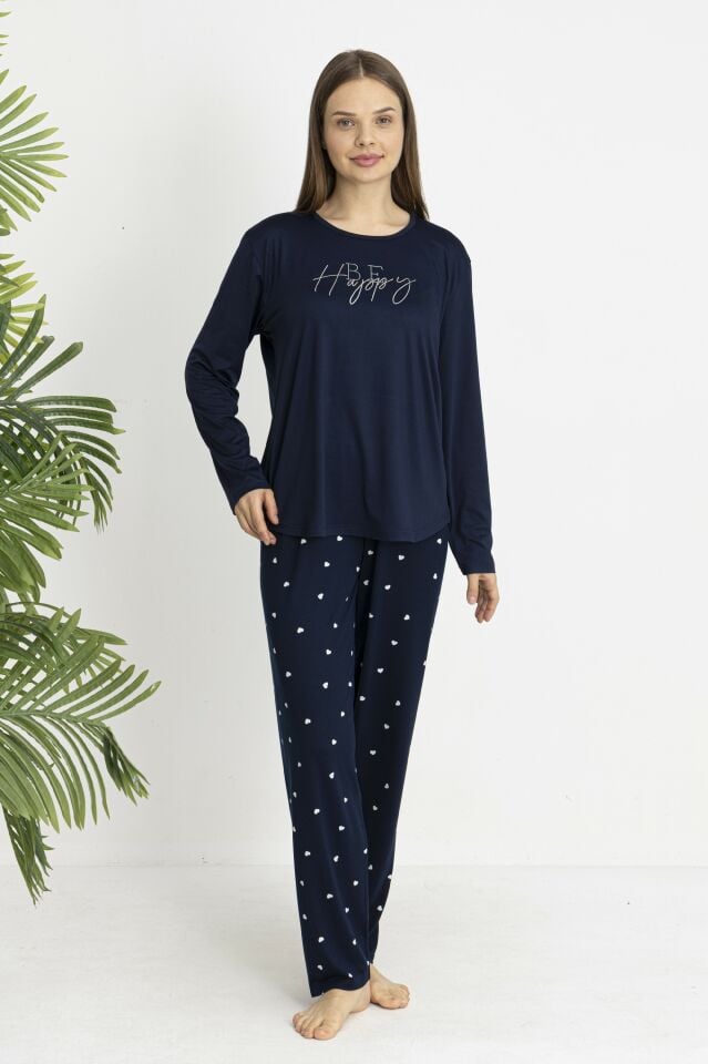 Estiva Kadın Kalp Alt Desenli Soft Uzun Kollu Pijama Takımı Lacivert - 2XL