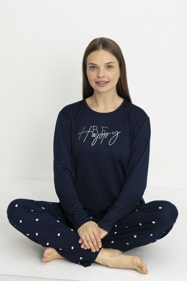 Estiva Kadın Kalp Alt Desenli Soft Uzun Kollu Pijama Takımı Lacivert - 2XL