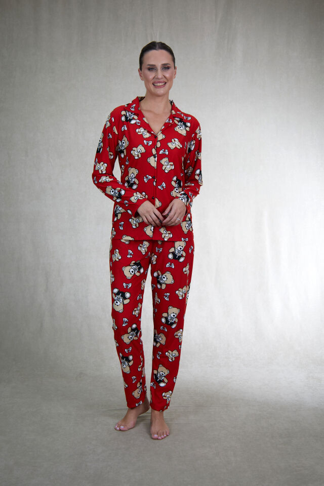 Estiva Kadın Ayıcık Desenli Önden Düğmeli Süet Pijama Takımı 2XL - Kırmızı