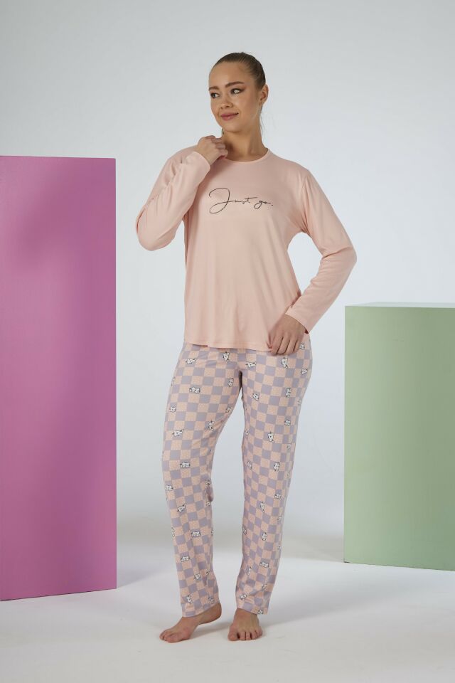 Estiva Kadın Kareli Alt Desenli Soft Uzun Kollu Pijama Takımı