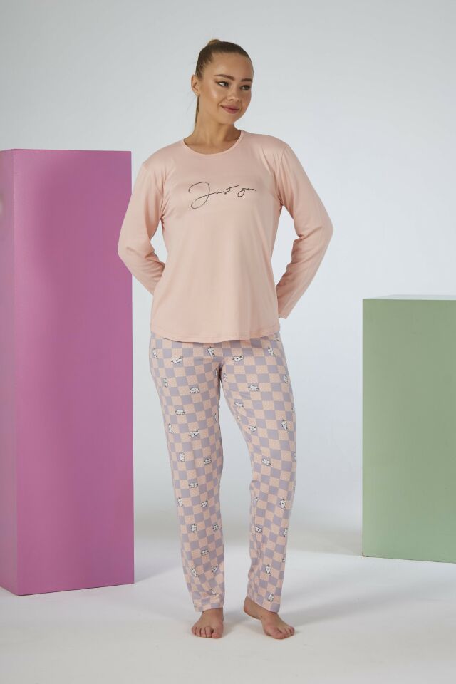 Estiva Kadın Kareli Alt Desenli Soft Uzun Kollu Pijama Takımı
