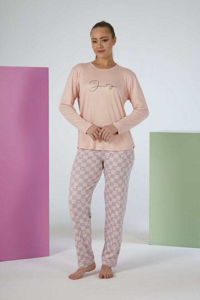 Estiva Kadın Kareli Alt Desenli Soft Uzun Kollu Pijama Takımı