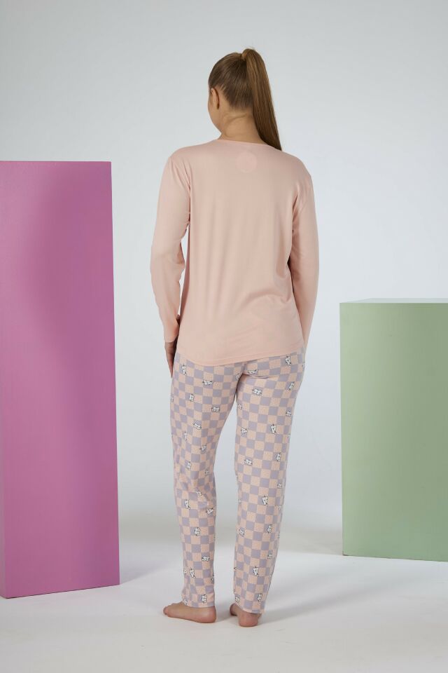 Estiva Kadın Kareli Alt Desenli Soft Uzun Kollu Pijama Takımı