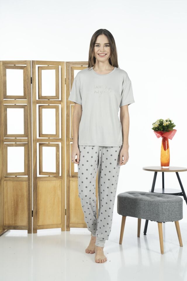 Estiva Kadın Puantiyeli Soft Kumaş Yazlık Pijama Takımı - Gri