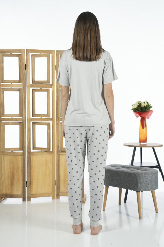 Estiva Kadın Puantiyeli Soft Kumaş Yazlık Pijama Takımı - Gri