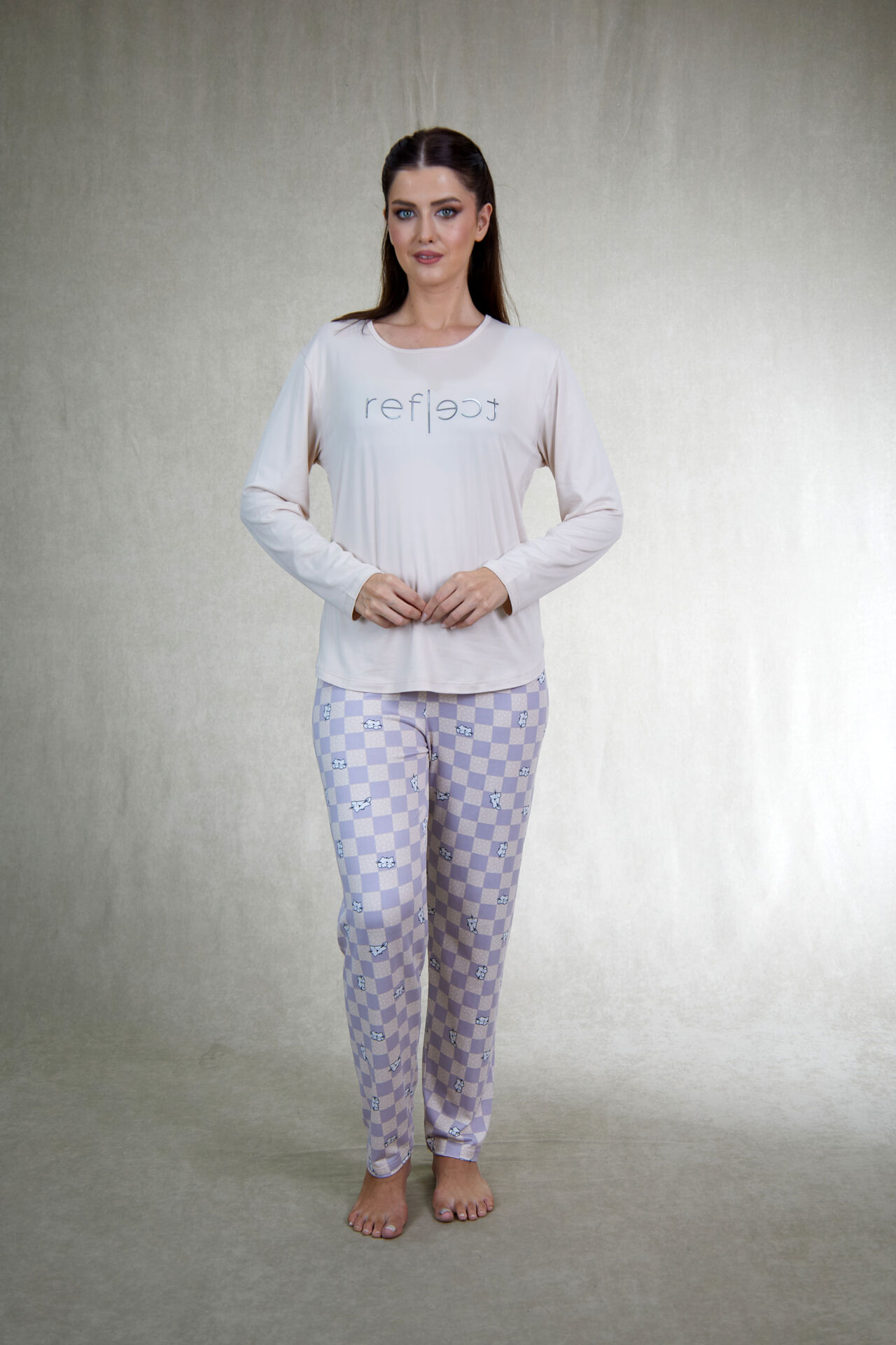 Estiva Kadın Kareli Alt Desenli Soft Uzun Kollu Pijama Takımı M - Bej