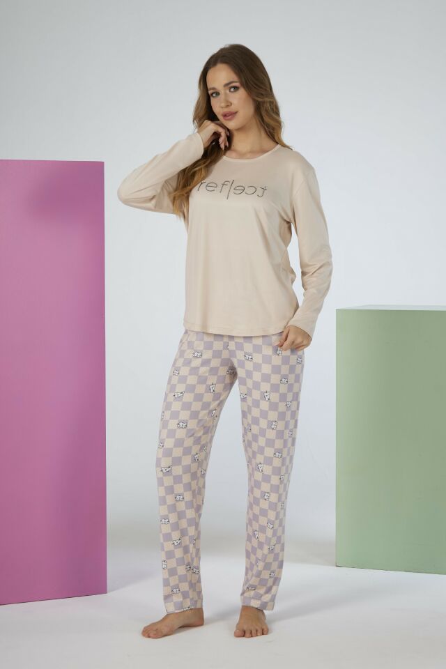 Estiva Kadın Kareli Alt Desenli Soft Uzun Kollu Pijama Takımı M - Bej